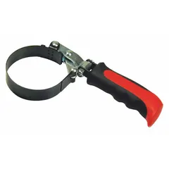 This oil filter wrench uses a spring steel strap to grip and remove oil filters. The 1-inch wide strap provides a secure hold, while the plastic and rubber handle offers a comfortable grip. Suitable for automotive and equipment maintenance tasks.
