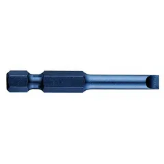 Slotted head impact bits with standard hex shank, imperial size 8F-10R. Made from S2 steel. Suitable for standard-duty fastening with slotted-head screws in assembly, maintenance, and repair tasks. Sold as a 5-pack.