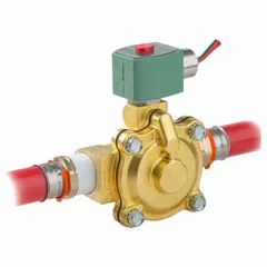This REDHAT solenoid valve is a 2-way, 2-position normally closed type with a 1-inch pipe size and 24V DC operation. It features a watertight coil enclosure and is designed for high-flow applications. Suitable for on/off control of liquids or gases in industrial automation, water treatment, and process systems.