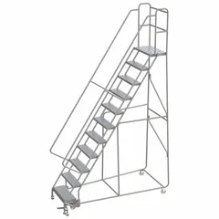 This assembled aluminum manual-lock ladder provides a 9.2 ft platform height and includes handrails. The perforated aluminum construction reduces weight while maintaining strength. The manual-lock mechanism secures the ladder in place during use. Suitable for elevated access in warehouses, stockrooms, and industrial facilities.