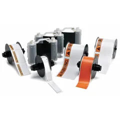 This kit includes a 2 in x 3 in label roll with ANSI warning header, three black ribbon cartridges, and 1 in x 4 in B593 white panel labels. Compatible with BBP30 printer and S3700 printer series. Used for creating arc flash warning labels for electrical safety compliance.