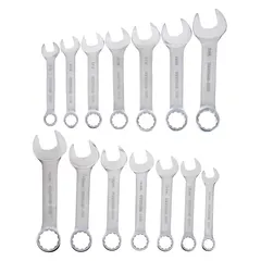 Alloy steel combination wrench set with satin finish and 15° head offset angle. Includes 14 tools in both SAE and Metric sizes, with 12-point box ends for secure grip on hex fasteners. Offset design improves knuckle clearance in confined spaces. Supplied with canvas pouch for storage.