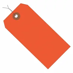 Orange plastic pre-wired shipping tag measuring 4-3/4 inches high by 2-3/8 inches wide. Supplied in a 100-pack with attached wire for quick fastening to bags, boxes, or equipment. Suitable for identifying and tracking shipments, inventory, or assets in industrial and logistics environments.