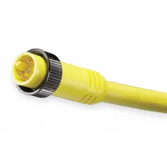 Single-ended cordset with a yellow PVC jacket designed for flexing applications. Features a 7/8"-16 male straight connector to bare wire, 5 pins, 6 ft cable length, 16 AWG wire size, and a maximum current of 8 A. Rated IP67 and NEMA 6P for protection against moisture and dust. Suitable for connecting sensors or actuators in industrial automation.