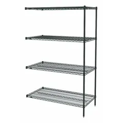 Stationary wire shelving add-on unit for dry environments. Constructed of epoxy-coated steel with a black powder-coated finish. Includes four shelves with split sleeve design. Overall dimensions: 24 in x 24 in, 63 in height. Suitable for expanding storage in warehouses, retail backrooms, and commercial kitchens.