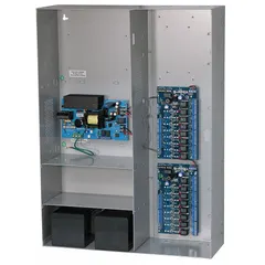 This power supply board with steel enclosure accepts 115V AC input and provides selectable 12VDC or 24VDC output at 5.5A. Suitable for powering access control systems, security equipment, and other low-voltage devices in commercial or industrial settings.
