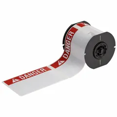 White polyester precut label roll with rubber adhesive, halogen-free, rated for indoor/outdoor use. Measures 6 in x 4 in. Compatible with BBP33 printer series. Used for creating durable safety warnings in industrial environments.