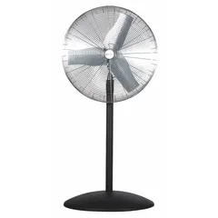 This AIRMASTER FAN pedestal fan is designed for industrial air circulation in factories, warehouses, and workshops. It features a 30-inch blade, 1/3 hp motor, single-phase 115V AC power, three speeds, and oscillating function to improve ventilation and worker comfort in large spaces.