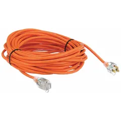 This 50 ft outdoor extension cord features a NEMA 5-15P plug and a single outlet, with a 16/3 SJTW jacket rated for temperatures from -40° to 167°F. It operates at 125V AC and is suited for powering tools, lights, or equipment in outdoor settings such as construction sites or landscaping.