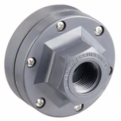 This gauge guard isolates pressure gauges from corrosive or clogging process media. It features a PTFE diaphragm, Buna-N O-ring, and PVC body with NPT connections. Suitable for use in chemical processing, water treatment, and other industrial applications where gauge protection is required.