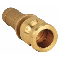 Type E forged brass cam and groove fitting with 1-1/2 in coupling size and 1-1/2 in hose fitting size, overall length 4-1/2 in. Used for connecting hoses and pipes in fluid transfer systems, providing a leak-resistant coupling for water, chemical, and petroleum handling.