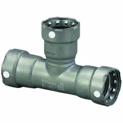 This carbon steel press tee fitting creates a branch connection in piping systems, joining three pipes of specified sizes. It uses a press-fit method for a permanent, leak-proof mechanical connection without threading or welding. Typical applications include potable water, fire protection, and HVAC systems.