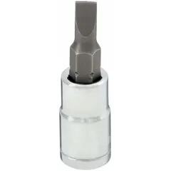 This slotted bit socket features a 5 mm tip size and 1 1/2 in overall length. Designed for driving slotted screws in assembly, maintenance, and repair tasks. Suitable for precision fastening in industrial equipment, automotive work, and general mechanical applications.
