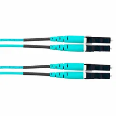 This duplex fiber optic patch cord features OM4 50/125µ multimode fiber with LC connectors on both ends and A-B polarity. The 10-meter length and OFNR riser-rated aqua jacket suit indoor installations in data centers or enterprise networks for high-speed data transmission.