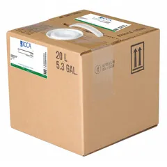 Liquid pH buffer with a concentration range of pH 4.99 to 5.01, supplied in a 20 L plastic container packaged in a box. Lab grade, CAS 877-24-7. Used for calibration and verification of pH meters and electrodes in laboratory settings.
