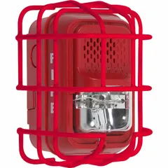 Steel wire cage guard for indoor wall-mounted L Series horns and strobes. Red finish, 4 in depth, 6 3/16 in length. Includes mounting hardware; allows simple removal for maintenance.