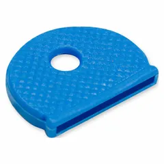 Blue vinyl key cap for identifying and color-coding keys. Measures 1 in width, 3/4 in height, 1/8 in depth. Fits over standard key bows for organizing access to equipment, machinery, and control panels. Pack of 20.