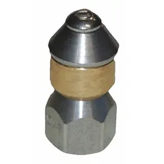 This turbo nozzle is designed for high-pressure sewer jetting applications. It features a rotary spray pattern to effectively scour pipe walls and clear blockages. With a female inlet, it operates at 3,625 psi and 5.7 gpm, suitable for pressure ranges of 2500-4999 psi and 5000-6000 psi.