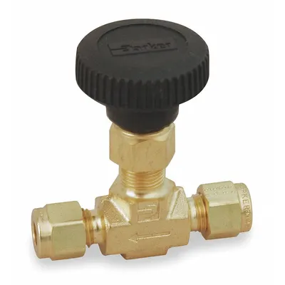 Parker Needle Valve: Inline Valve Body, Brass, Integral Bonnet, 1/8 in Pipe Size - Brass Straight-Body Needle Valves