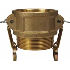 This Type B forged brass cam and groove coupling has a 5 in coupling size with a 5 in -8 thread size and a nitrile gasket. It is used for quick-connect hose connections in fluid transfer systems, providing a secure connection in industrial applications.