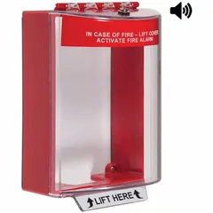 Red surface-mount pull station guard for wall mounting. Legend reads: IN CASE OF FIRE - LIFT COVER ACTIVATE FIRE ALARM. Protects manual fire alarm pull stations from accidental activation or physical damage in commercial and industrial settings.
