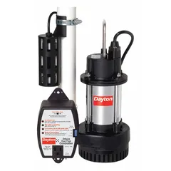 This submersible sump pump operates on 120V AC with a 4 A draw and delivers 50 gpm at 10 feet of head. It features a 1-1/2 in FNPT discharge connection and a piggyback dual micro-reed switch for automatic operation. Typical applications include removal of accumulated water from basements, crawlspaces, and pits.
