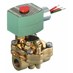 This REDHAT solenoid valve is a 2-way, 2-position, normally closed type with slow-closing operation to reduce water hammer. It has a 1/2 in pipe size and operates on 110V AC voltage. Suitable for on/off control of water, air, or light oil in industrial fluid systems.