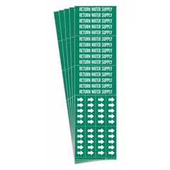 Green adhesive pipe markers with white legend text reading 'Reheat Water Return' and flow-direction arrows. Designed for pipes with an outside diameter of 3/4 inch and smaller. Each pack contains 5 markers, suitable for identifying reheat water return lines in HVAC and industrial piping systems.