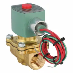 This REDHAT solenoid valve is a 2-way, 2-position normally closed type with a 3/4 in pipe size and 220V AC voltage (240/60, 220/50). It features a watertight coil enclosure suitable for environments requiring moisture protection. Commonly used in industrial piping systems to control the flow of liquids or gases.