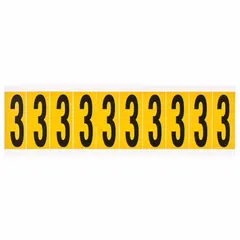 Individual die-cut character '3' in black Archivo Narrow font on yellow non-reflective background. 3-inch character height for indoor/outdoor use. Not self-spacing or aligning. Suitable for permanent identification on equipment, pipes, or signage.