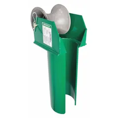 Aluminum feeding sheave for cable pulling applications. Features a 5-inch sheave width and a maximum load capacity of 6,500 lb. Used to guide and support cables during installation in electrical construction, telecommunications, and utility work.
