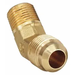 This brass 45-degree flare tube fitting elbow connects 1/2 in OD tubing to a 1/2 in pipe thread. It is flared/threaded type and meets SAE J513 standards. Suitable for hydraulic, pneumatic, fuel, oil, and refrigerant lines requiring leak-tight, reusable connections. Supplied in a 10-pack.