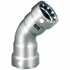 This stainless steel press elbow fitting changes direction in piping systems at a 90-degree angle. It features Press-fit x Press-fit connections with an FKM seal, suitable for use in commercial plumbing, HVAC, and industrial process lines.