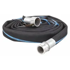 This EPDM water suction and discharge hose assembly features spiral-plied synthetic fabric reinforcement. Rated for 125 psi and a temperature range of -25° to 200°F. Fitting size is 1-1/2 in x 1-1/2 in. Suitable for water transfer in industrial, construction, and agricultural applications.
