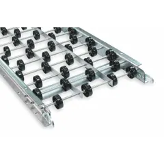 This light-duty rigid-frame skate wheel conveyor features nylon wheels with 3 in axle spacing. Overall width is 18 in, between-frame width is 16 in. Maximum load capacity is 260 lb/ft at 5 ft supports. Suitable for moving lightweight packages, cartons, and totes in warehousing, packaging lines, and assembly operations.