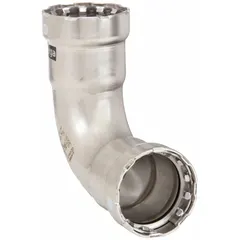 Stainless steel press-fit elbow fitting for potable water systems. Connects two 1-1/2 in pipes at a 90-degree angle using a press-fit connection with FKM seal. Suitable for commercial and industrial plumbing applications requiring leak-free joints.