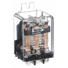 This OMRON MJN Series relay features a 3PDT contact configuration with a 24V AC coil and 10 A current rating. It is designed for side flange mounting and includes an octal base with quick-connect terminals. The relay is suitable for switching inductive loads in industrial control panels, HVAC systems, and automation equipment.