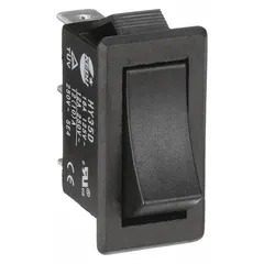 General purpose rocker switch with three positions (On/Off/On) and SPDT contact configuration. Suitable for panel-mount applications in industrial control systems and machinery requiring selection between two circuits.