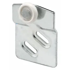 This hanging door roller from PRIME-LINE measures 2-1/2 inches long and 3-3/4 inches wide, with a maximum weight capacity of 60 lb per pair. It is designed for use in sliding door applications, such as residential or light-commercial sliding doors.