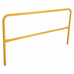 Steel handrail section with round shape and two rail levels. Yellow finish. Overall length 7 ft, mid-rail height 21 in. Used to create safety barriers and guardrails in industrial facilities, warehouses, and loading docks for fall protection along walkways and platforms.