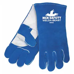 Stick welding gloves made from premium blue cowhide leather with a wing thumb and gauntlet cuff. Insulated for heat and spark resistance. Size XL/10. Sold in a 12-pack. Suitable for heavy-duty arc welding applications.