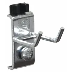 This TRESTON double rod hook is designed for square-hole pegboards, providing organized storage for tools and hardware. Made of steel with a zinc-plated silver finish, it features a screw-in locking system for secure attachment and includes a black holding clip. Suitable for workshops, garages, and retail displays.