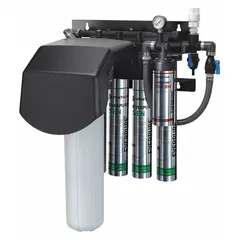 This water filter system uses a carbon block media to reduce sediment. It has a flow rate of 15 gpm and a capacity of 200,000 gal. Connection is 1 in NPT. Overall height is 33 1/4 in. Suitable for drinking fountains and beverage machines.