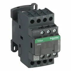 Non-reversing IEC contactor with 4 poles and 4 normally open contacts, rated for 25 A and a 24V AC coil. Suitable for switching three-phase motors, resistive loads, and other electrical loads in industrial motor control, lighting, and HVAC applications. No integrated surge suppression.