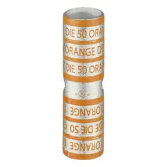 Copper barrel butt splice for 3/0 AWG wire, 2.27 inches long. Orange color code with die code 50. Used to join copper conductors in power distribution, panel building, and heavy equipment wiring.