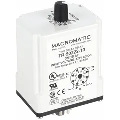 Socket-mounted time delay relay rated for 120V AC/DC with a 10 A contact rating and 8 pins/terminals. Designed for single-function timing applications such as motor start/stop delays, conveyor sequencing, and HVAC system timing in industrial control panels.