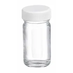 This 30 mL clear wide mouth round glass bottle is made from colorless soda lime glass. It features a 33-400 mm screw closure and a 34 mm body diameter. The bottle is not graduated and is supplied non-pre-cleaned. Suitable for general laboratory storage and dispensing of liquids.