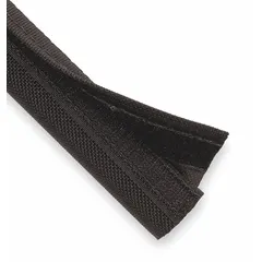 This abrasion-resistant hook-and-loop cable wrap sleeving bundles and protects wires, hoses, and cables. Constructed of black nylon with a 4-inch inside diameter and 25-foot length, it operates in temperatures from -49°F to 302°F. Suitable for industrial machinery, automation, and electrical panels.