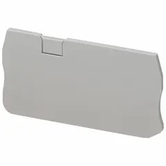 This end barrier from SCHNEIDER serves as a cover and partition for industrial terminal blocks. It is screw-mounted and features spring terminals, with a gray finish. Designed for use with the NSYTRR23 series, it provides physical isolation and protection in control panels and electrical enclosures.