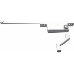 This right-hand crank window operator is designed for casement windows, mounting to the frame to open and close the sash. It includes a handle and features a white powder-coated finish. The base length is 4 3/4 inches.